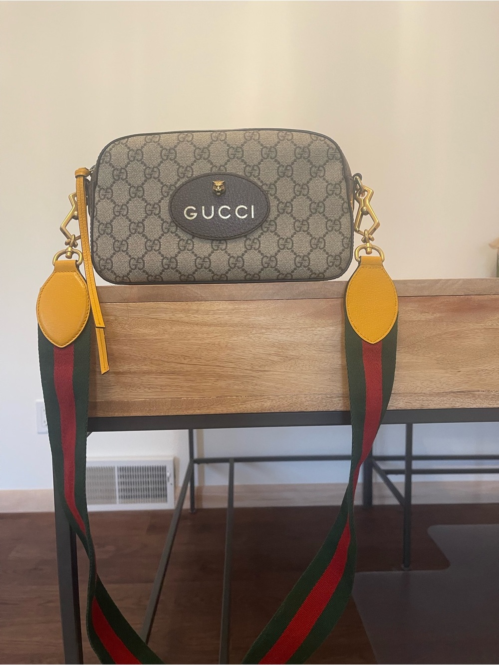 Gucci Beige GG Supreme Crossbody with Yellow Trim and Green-Red Web Strap
